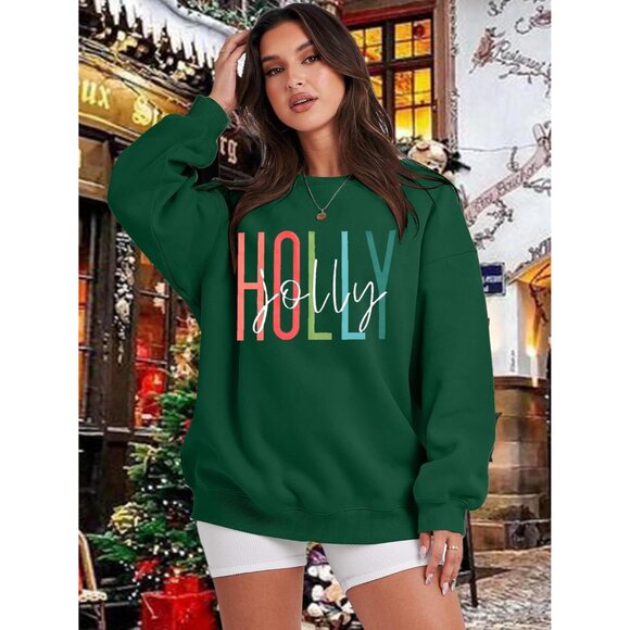 Women Christmas Sweater Cotton Long Sleeve Crewneck Holly Jolly Tree Top - Picture 4 of 5